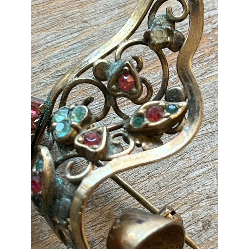 Pegel Gold Tone Filigree Bow Brooch Multi Stone Rhinestone Pin